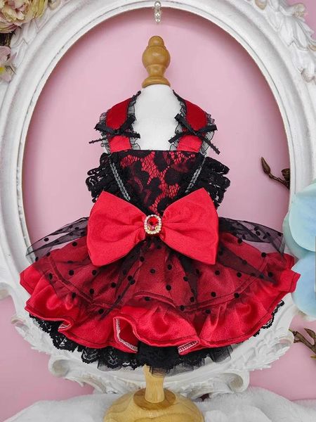 Vestuário para cães roupas artesanais roupas para animais de estimação design exclusivo vestido de princesa clássico preto vermelho cetim ponto grenadine brilho gem acessórios festa