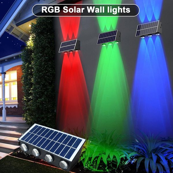 Luz de parede para arruela solar, para cima e para baixo, 4led, 6led, 8led, área externa, à prova d'água, led rgb, luz decorativa para pátio, escada, quintal, jardim