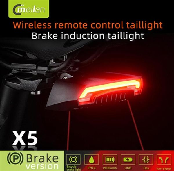 Meilan X5 Kablosuz Bisiklet Arka Işık Lazer Kuyruk Lambası Akıllı USB Şarj Edilebilir Bisiklet Aksesuarları Giyo R1 Uzak Dönüş LED29008075316