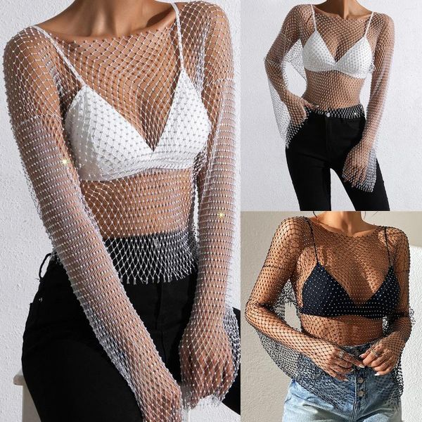 Camisetas femininas sexy glitter strass fishnet topo transparente bikini cover-ups malha estilo y2k manga longa em torno do pescoço para beira-mar