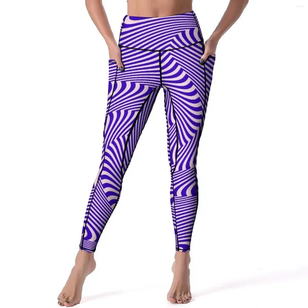 Pantaloni attivi Leggings curvi viola Linee ricciolo Stampa Fitness Palestra Yoga Push Up Tasche sportive sexy Legging dal design ad asciugatura rapida