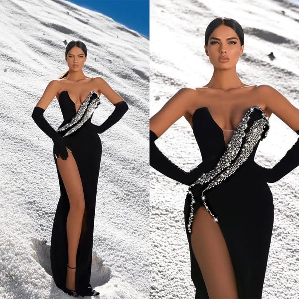 Einfaches trägerloses Abendkleid mit Strasssteinen und Meerjungfrau-Abschlussball, seitlich geschlitzt, ärmellos, besondere Anlässe, formelle Kleider 328 328