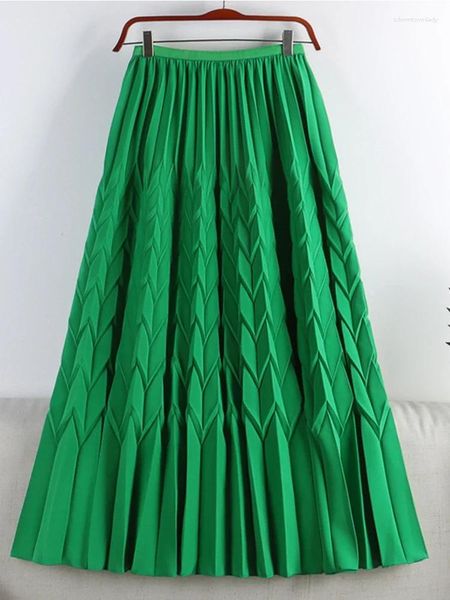 Saias moda plissada saia longa mulheres 2024 verão casual sólido all-match uma linha de cintura alta maxi feminino verde z474