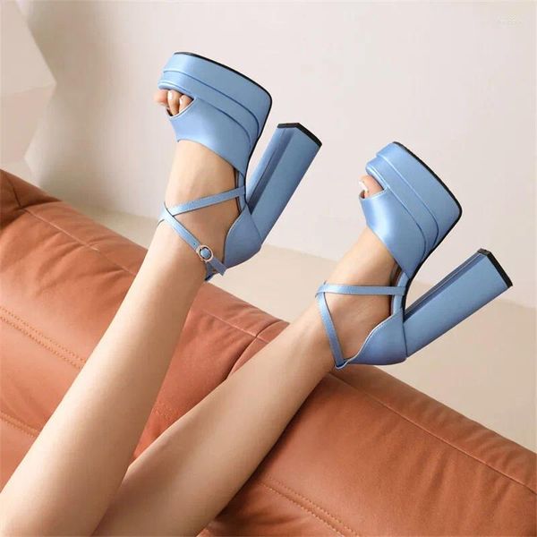 Sandálias PXELENA Moda Sexy Verão Cross Strap Block Chunky High Heels Namoro Pageant Nightclub Sapatos Mulheres 5 Doce Cor