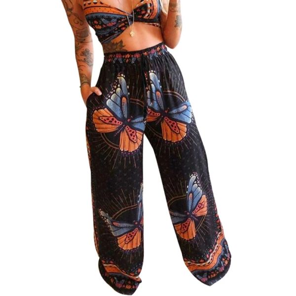 Jeans L5YC Damen-Sommer-Strand-2-teiliges Outfits-Set, sexy bauchfreies Top mit V-Ausschnitt und Palazzo-Hose mit weitem Bein, böhmischer Schmetterlingsdruck, Loungewear