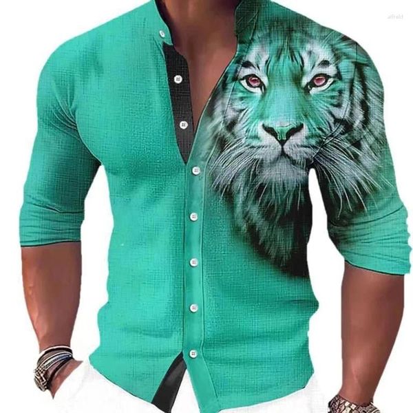 Camicie Casual da uomo Camicia stampata 3D Tiger Uomo Primavera Autunno Manica lunga Colletto alla coreana Top Moda Abbigliamento streetwear per uomo