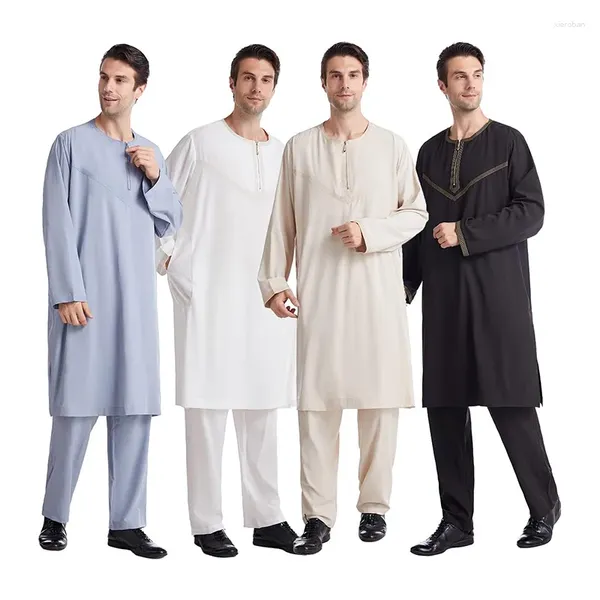 Abbigliamento etnico da uomo Abaya Set da 2 pezzi Manica intera O-collo da indossare Abiti da uomo musulmano in stile Emirati arabi