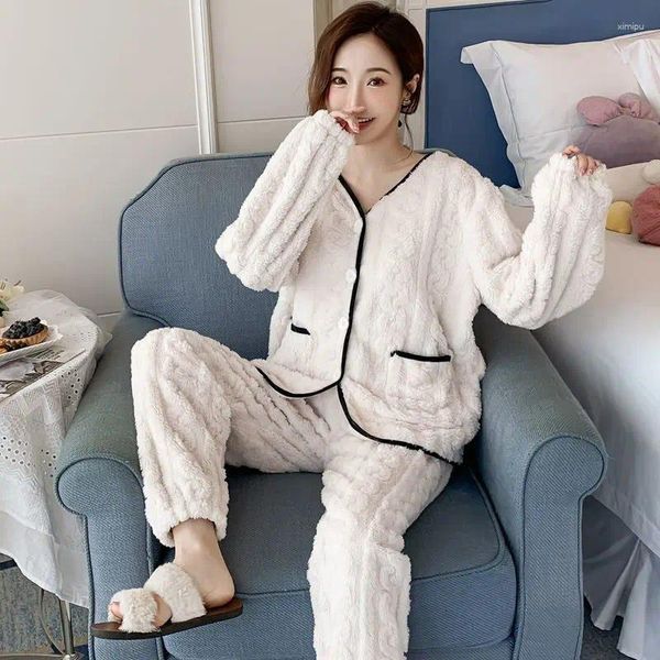 Mulheres sleepwear coral veludo pijamas mulheres primavera e outono inverno grosso quente doce adorável flanela homewear dois conjuntos borda preta