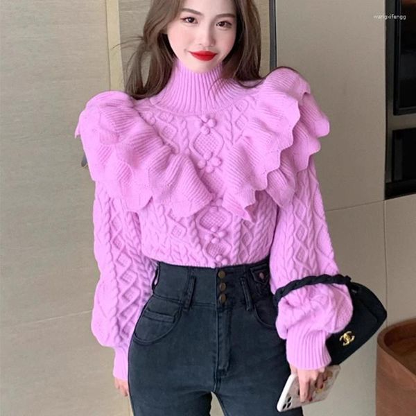 Женские свитера с милыми оборками, водолазка, сексуальная женская фиолетовая розовая трикотажная одежда, корейский эстетический укороченный топ, теплые зимние джемперы, пуловер