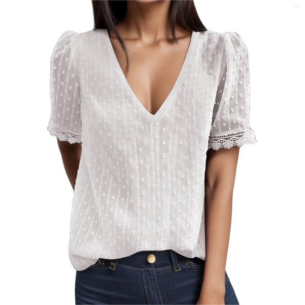 Damen-Blusen, Chiffon-Hemden, einfarbig, Spitze, kurzärmelig, V-Ausschnitt, Top-Shirt, elegante Puffbluse, Frühling, Sommer, lässige Streetwear