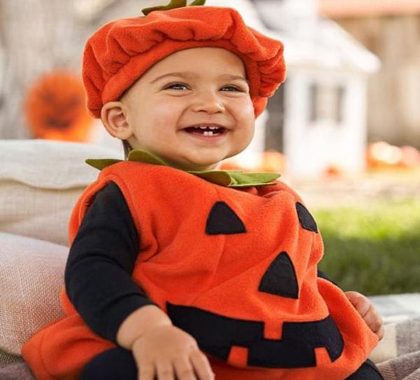 Halloween Baby Kids Zucca Fantasia Abito senza maniche con cappello Costume cosplay Abiti da festa per Boy Girl B889307819