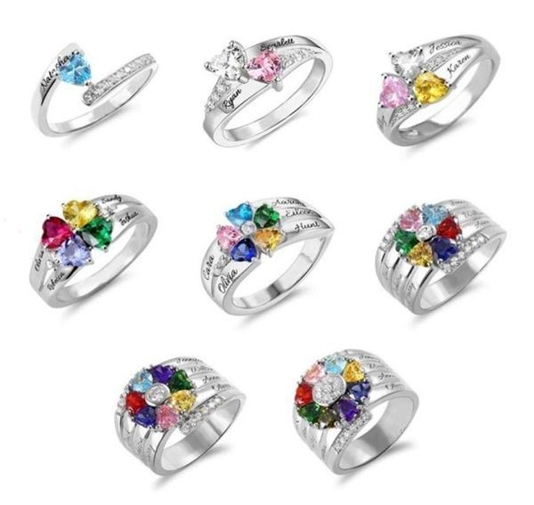 Cluster-Ringe, personalisierter individueller Familienname-Ring mit Geburtsstein, silberfarbene gravierte Ringe für Frauen, Muttertagsgeschenke 2219543237