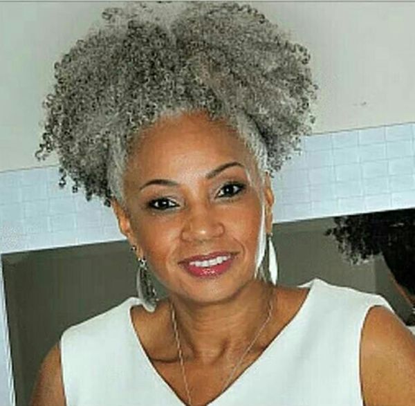 Mulheres negras extensão de cabelo cinza prata cinza afro puff kinky encaracolado cordão rabo de cavalo cabelo humano clipe em cabelo real 100g 120g1753736