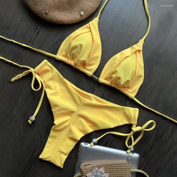 Damen-Bademode, atmungsaktiver Stoff-Badeanzug, stilvolles Bikini-Set mit Neckholder-Top, hoher Taille, Schnür-Slips, Push-up für den Strand