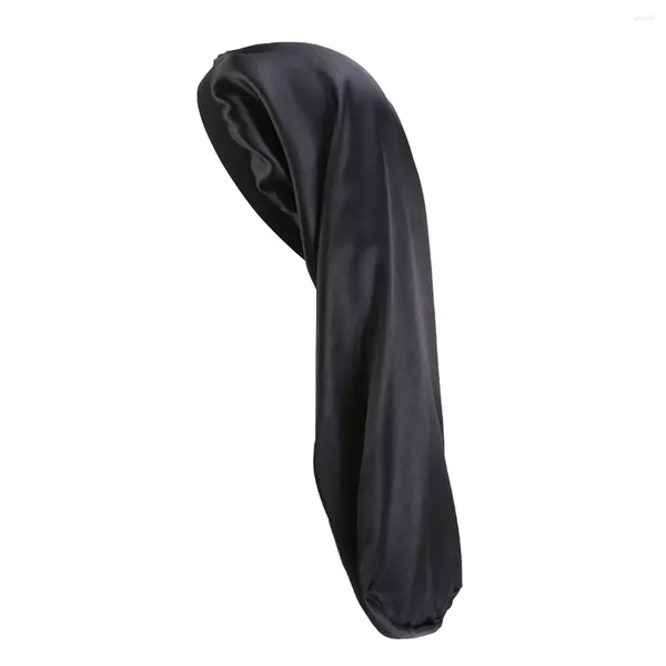 Baskenmütze, Satinkappe, doppellagig, extra lange Motorhaube, breites elastisches Band für Haarpflege, lockiges Naturhaar (schwarz)