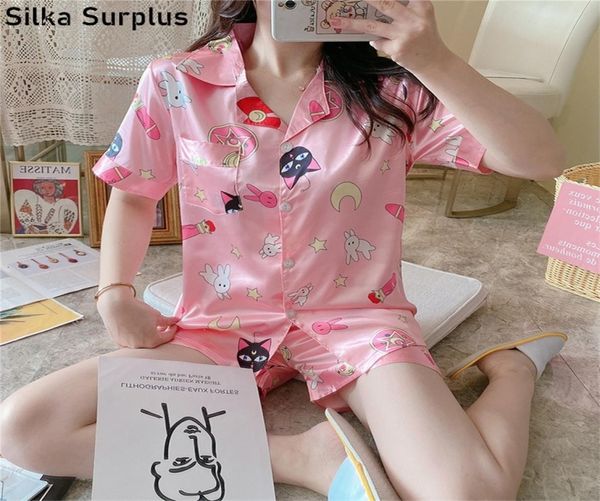 Silka Surps Sexy Seidensatin-Nachtwäsche, niedliche Sailor Moon-Druck-Pyjama-Sets für Frauen, kurzärmelig, rosa Pyjama für Damen, Y2007086035106