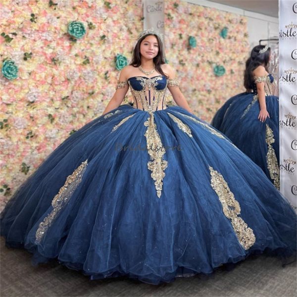 Pricess Abito Quinceanera Blu Navy 2024 Ballkleider Sparkle Vestido De 15 Xv Anos Abito da compleanno per debuttante con pizzo dorato Abito da festa dolce 16 Abito da spettacolo elegante