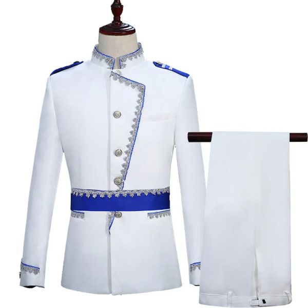 Terno masculino trajes de traje de palco festas de desempenho floral europeu real fantasia de traje militar mass homens brancos casamentos fatos formais