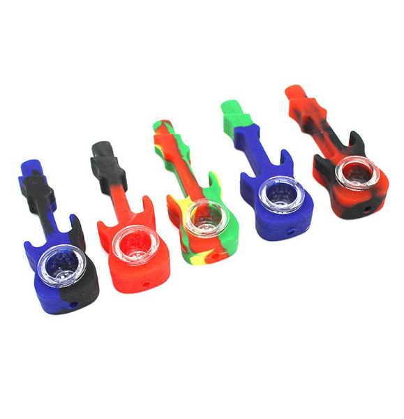 Forma de guitarra de silicone cachimbos queimador de óleo dab tubos de tabaco com tigela de vidro multicolor silicone pipe3399300