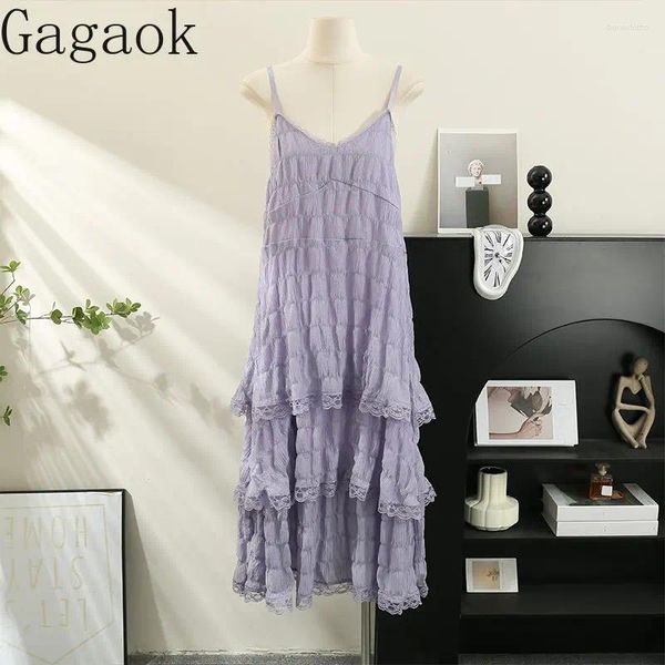 Casual Kleider Gagaok Cami 2024 Sommer Solide V-ausschnitt Spitze Ärmellose Patchwork Midi Kuchen Kleid Schlank Berufung Mode Chic Vestidos