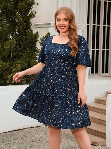 Vestidos casuais para mulheres gola quadrada manga curta brilhante diário uma linha evento festa jantar vestidos de baile noite plus size outfits