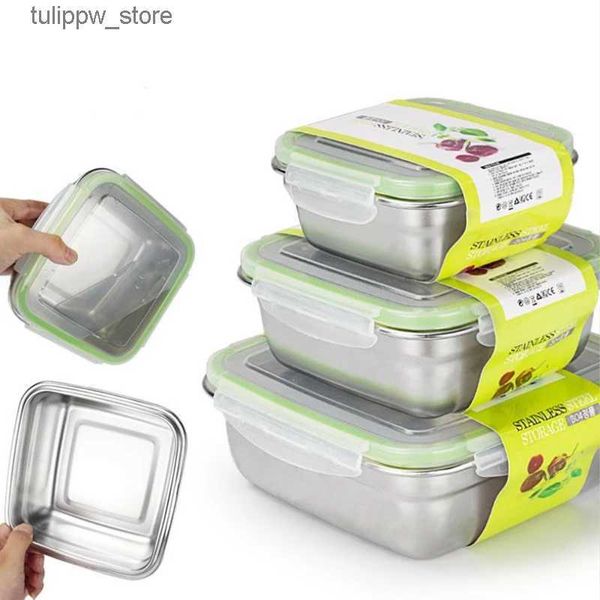 Bento caixas 3 peças recipientes de alimentos de aço inoxidável caixa de armazenamento de alimentos lancheira quadrada 400/750/1200ml l240307