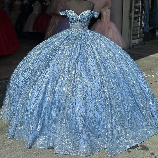 Блестящие небесно-голубые платья принцессы Quinceanera с открытыми плечами, бальное платье с блестящими аппликациями, кружевное платье с кристаллами и бусинами, милое 15-е платье