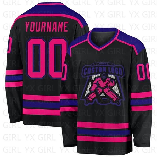 Maglia da hockey personalizzata nera rosa-viola Stampa 3D Tu nome Numero Maglia da hockey per giovani donne Uomini Maglie da allenamento per competizione 240305