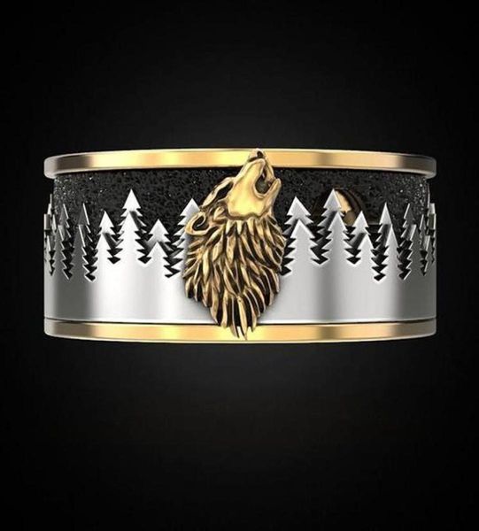 Anéis de casamento Dark Forest Wolf Howling Esculpido Padrão Anel Cor Dourada Punk Viking Men039s Carbonizado Jóias Festa Aniversário 9069586