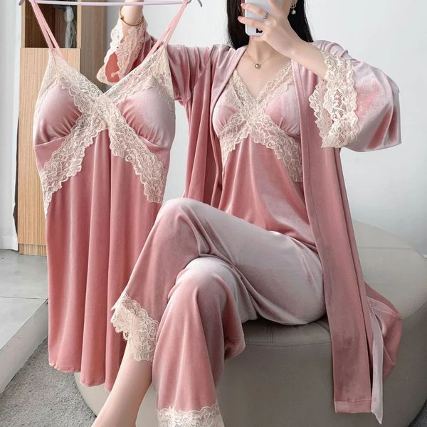 Herbst Samt 3PCS Pyjamas Set Nachtwäsche Sexy Spitze Trim Bad Robe Nachthemd Lose Beiläufige Velours Hause Kleidung Loungewear 240226