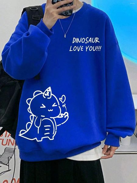 Hoodies masculinos amor desenho animado pequeno dinossauro padrão homens com capuz tripulação solta pulôver quente lã moletom all-match roupas de rua masculino