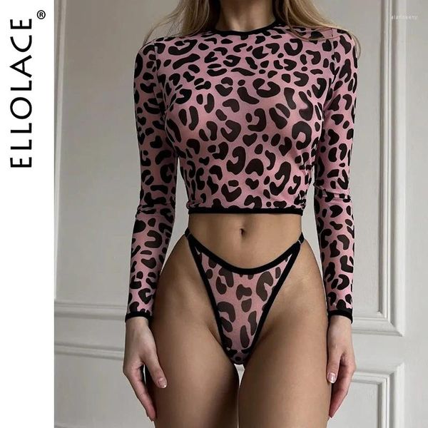 Set di reggiseni Ellolace Leopard Lingerie Completi Top rosa chiaro Manica lunga per le donne 2 pezzi Colore a contrasto Ragazza Intim Goods