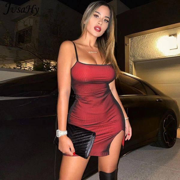 Kleid Jusahy Y2K Sexy Slim Bodycon Split Kleider Frauen Bankett Solid ärmellose 2021summer Skinny Sling Street Party Club Kleid heiß