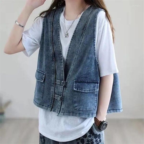 Damenwesten Sommer Retro Kurze Jeansweste Für Frauen Koreanische Einfache Polo Kragen Disc Schnalle Ärmellose Jacke Weibliche Casual Jean Weste