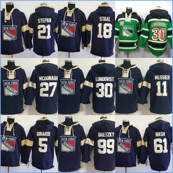 Felpa con cappuccio New York''rangers'' 30 Lundovist 11 Messier 27 Mcdonagh 99 Gretzky 5 Girardi 18 Staal 21 Stepan 61 Nash Maglie da hockey personalizzate Uomo Donna Gioventù