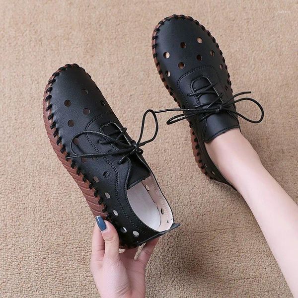 Casual Schuhe Plus Größe Für Frauen 2024 Sommer Hohl Atmungsaktive Wohnungen Vintage Weichem Leder Nicht Slip Damen Arbeit