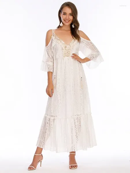 Vestidos de festa mulheres verão boho crochê laço vestido v pescoço frio ombro casual vintage longo noite cocktail maxi casamento