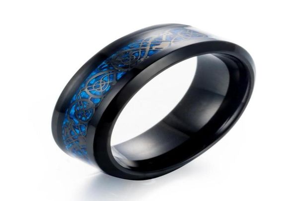 Anéis de casamento 8mm preto oco azul dragão 316l festa de aço inoxidável para homens mulheres anel de cor dourada inteiro4839540