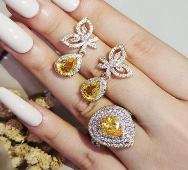 2022 neue Trendy Gelb gold farbe braut Dubai Schmuck Set Ohrringe Ringe für Frauen Weibliche Hochzeit Weihnachten Party Geschenk J67065578910