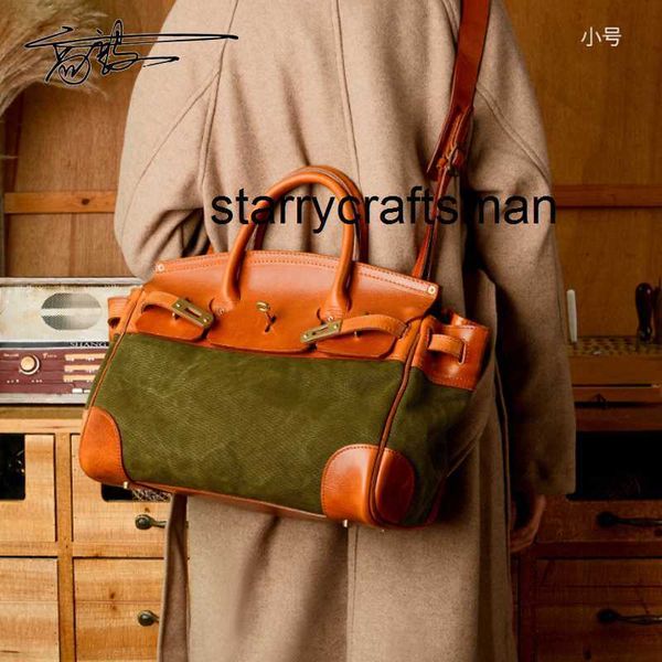 Handtasche aus echtem Leder, LPlayful Handheld Diagonal Straddle Umhängetasche, handgefertigte Pendlertasche aus pflanzlich gegerbtem Rindsleder, gespleißt, farbiges Canvas