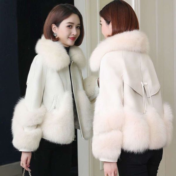 Haining Nuova pelle di pecora Vera pelle Piumino da donna Corto collo di volpe Cappotto integrato in pelliccia Coreana Edizione invernale 583643