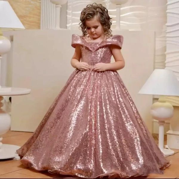 Abiti da ragazza di fiore con paillettes in oro rosa di Capodanno per matrimonio con spalle scoperte Maniche ad aletta Abito da prima comunione Abito da ballo per bambini Abiti da spettacolo per ragazze