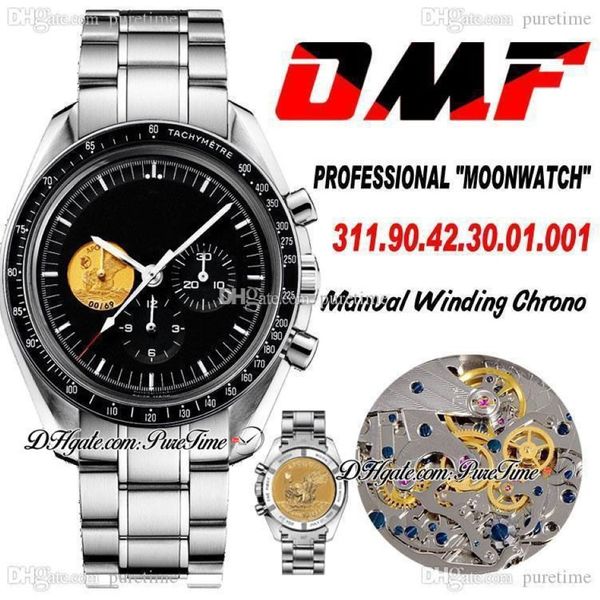 OMF Moonwatch Apollo XI 40th Anniversar Cronografo a carica manuale Orologio da uomo Quadrante nero Bracciale in acciaio inossidabile Edizione Pur254M