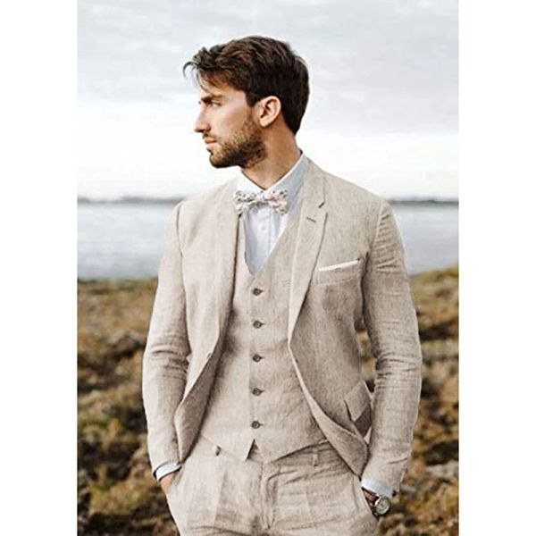 Ternos masculinos de linho, novo design, 3 peças, conjunto formal de baile de casamento, jaqueta slim fit, noivo, melhor homem, smoking, traje homme