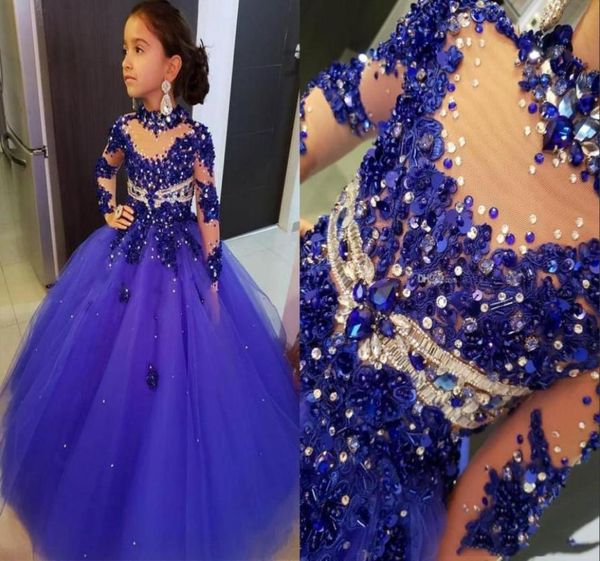 Incrível Royal Blue High Neck Girls Pageant Vestidos Cristal Strass Beads Criança Ver Através Crianças Bebês Primeira Comunhão Dres3171388