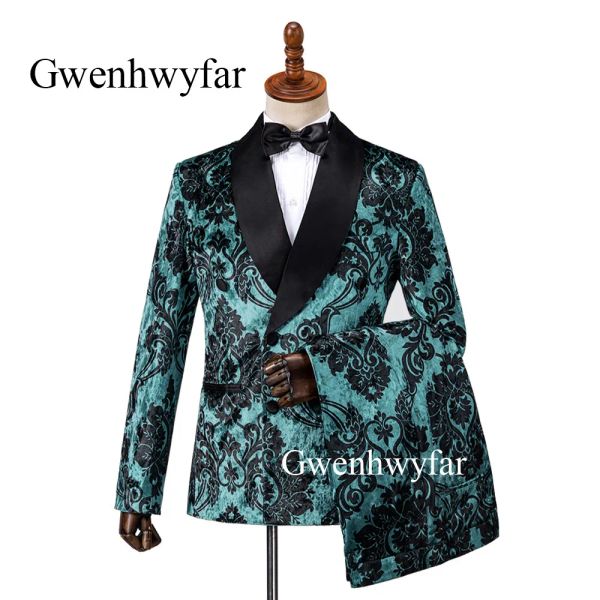 Ternos Gwenhwyfar Preto Flor Impresso Veludo Homens Terno Slim Fit Casamento Pavão Verde Ternos para Homens Prom Noivo Smoking Jaqueta com Calças