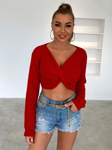 Suéteres femininos Womenswear Slim Sexy Red Sweater Algodão Knit Tie Knot Design Curto Streetwear Pulôver V Pescoço Casual Manga Longa Crop Top