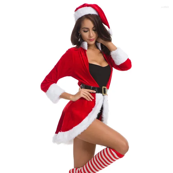 Jaquetas femininas jaqueta de natal mulheres roupas de inverno plush guarnição manga longa aberta frente casaco tops com bodysuit santa chapéu cinto cosplay