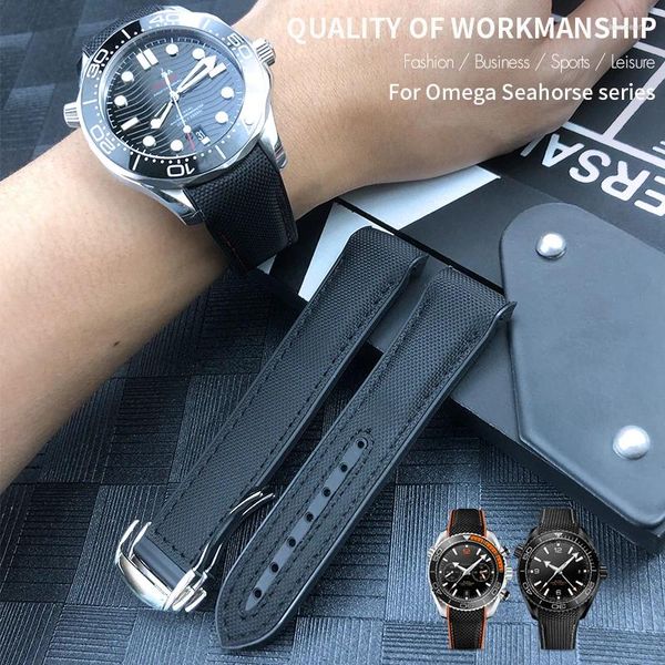 Faixas de relógio 20mm 21mm 22mm Nylon Couro Borracha Fit para Omega Seamaster 300 Planet Ocean 600 Black Canvas Laranja Silicone Strap