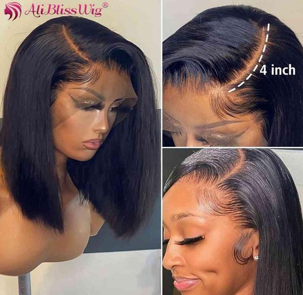 Aliblisswig 13x4 Bob Short Wig 4x4 Lace Black women039s pre zerrissenes brasilianisches Straight Front Mesh3744057